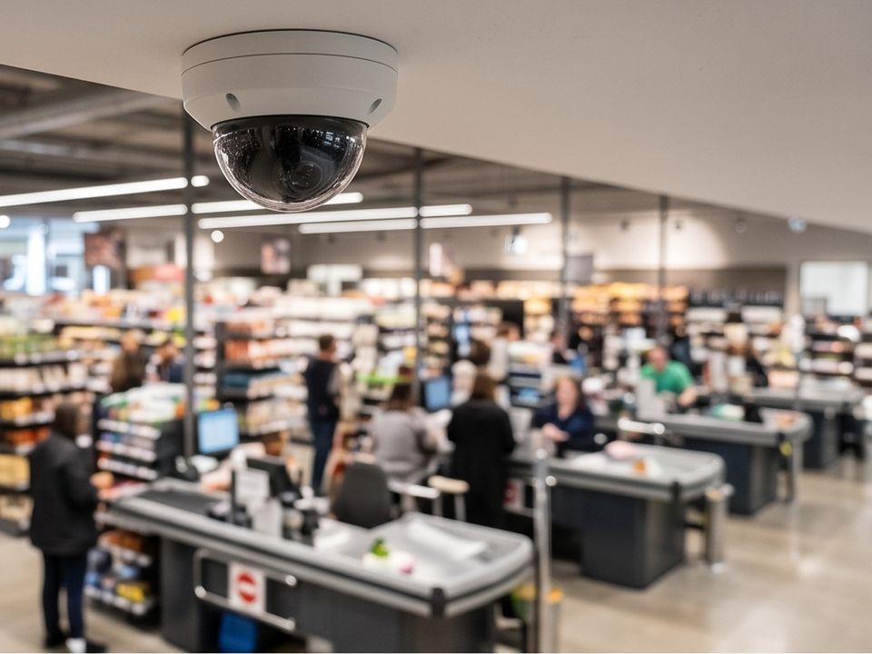 Kuppelkamera an der Decke eines Supermarkts