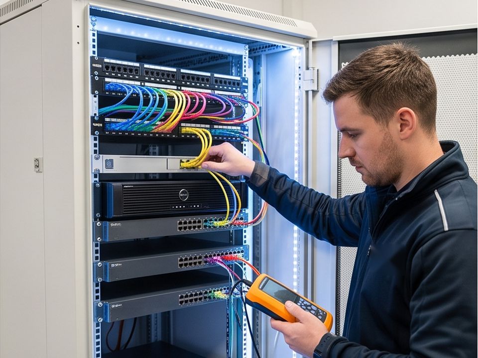 Techniker prüft die Netzwerkverkabelung im Serverschrank